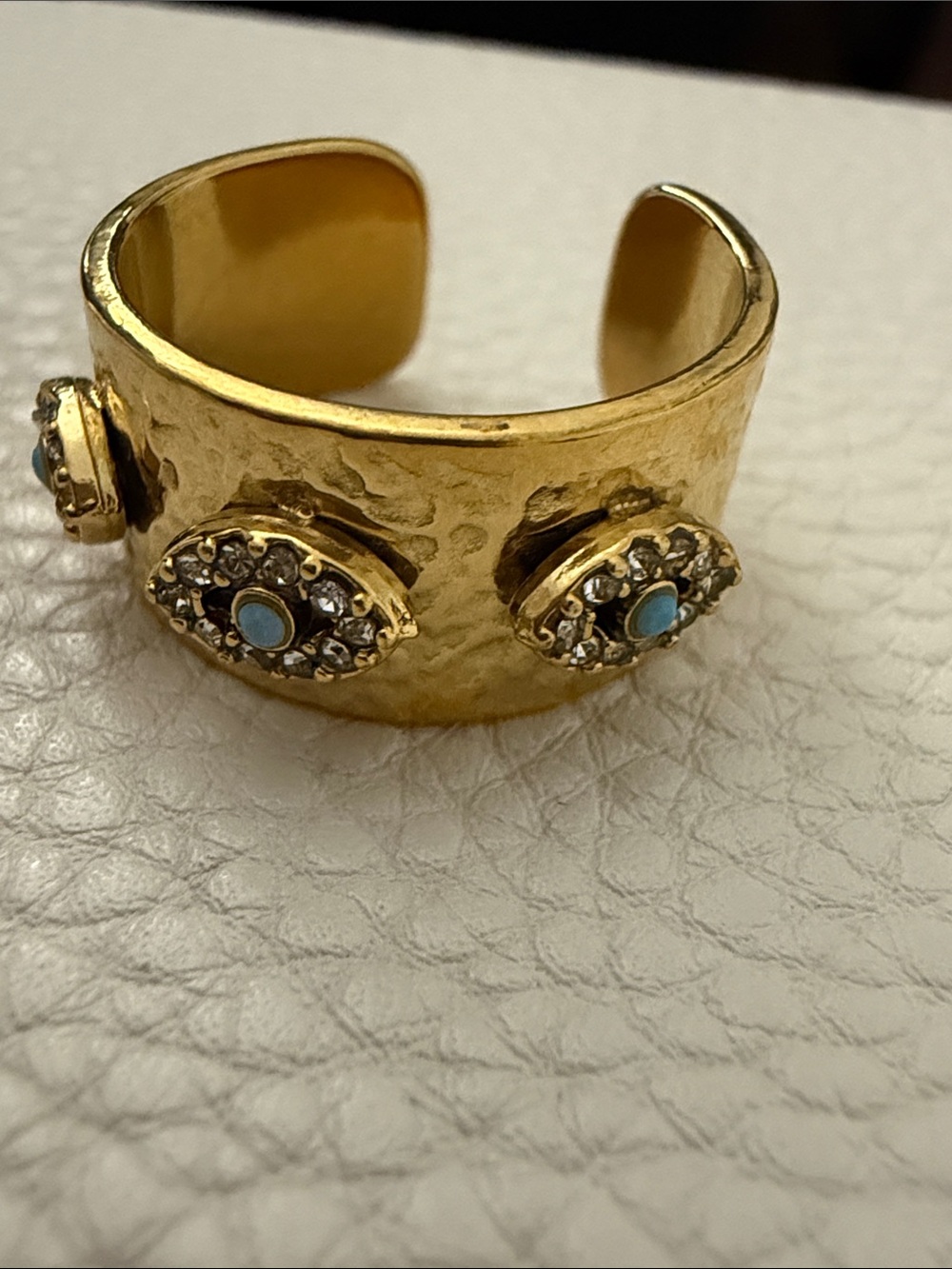 Gold Textured Band Ring with Turquoise Evil Eye Accents - Size Adjustable Ring